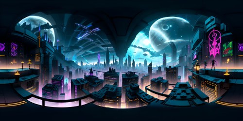 Cartoon comic-style cityscape, neon-lit buildings, vibrant billboards, hovering drones, immense skyscrapers. Futuristic, cyberpunk aesthetic. VR360 view, sharp ultra-high resolution. Comic-book saturation, masterpiece level detail. VR360, uninterrupted skyline.