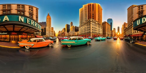 An iconic Americana cityscape captured in ultra-high resolution, showcasing intricate details of bustling streets, vintage cars, neon signs, towering skyscrapers, old-fashioned diners, and a dramatic sunset sky.