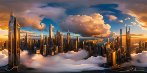 A breathtaking, ultra high-resolution view of a magnificent, futuristic city with gleaming skyscrapers, volumetric clouds swirling around, neon lights reflecting off sleek surfaces, and a golden glow enveloping the entire metropolis at golden hour.