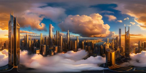 A breathtaking, ultra high-resolution view of a magnificent, futuristic city with gleaming skyscrapers, volumetric clouds swirling around, neon lights reflecting off sleek surfaces, and a golden glow enveloping the entire metropolis at golden hour.