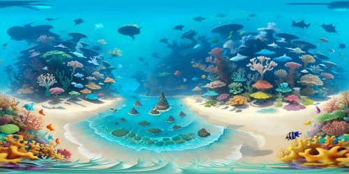 Ultra-high-resolution VR360 view, cartoonish Spongebob-inspired oceanic landscape, hamburger-shaped coral clusters, lush, animated marine vegetation. Exquisite Pixar-style visual interpretation, surreal color palette, thoroughly engaging VR360 spectacle.