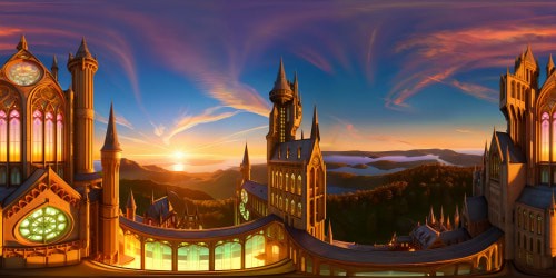 A futuristic, ultra high-resolution rendition of Hogwarts Castle at sunset, glowing with luminescent windows, shimmering spires, intricate clockwork machinery, and ethereal holographic projections suspended in the flawless sky.