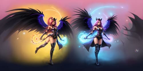 three black african american women wearing long boots and sexy bikinis. they are sorceresses with magic powers.one woman has long dreadlocks and wings. one woman is riding a giant spider with glowing red eyes.