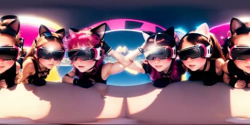 five princesses_wearing pink leotards_one has blue eyes_two of the are blonde_they are squatting_spread_arms above their heads_close up of armpit_ cat ears naked