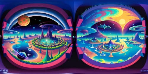 Rick and Morty universe VR360, floating planets, zany gadgets, hallucinogenic color palette, swirling portals. Ultra high res details, Pixar-style artistry, immersive VR360 masterpiece.