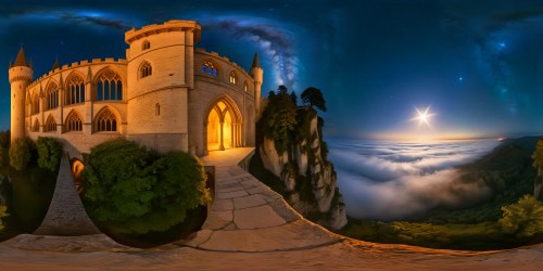 Noble gothic castle perched on a rugged cliff, moonlight and stars casting ethereal glow on ancient stone, towering spires, stained glass windows, swirling mist over a grand entryway, centuries-old trees framing the scene in shadowed elegance, tiny bats silhouetted in moonlight, impeccable HDR toning.