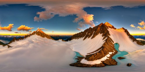 A sprawling epic mountainscape at sunrise, golden light kissing snow-capped peaks, mirrored in a crystal-clear alpine lake, pristine wilderness basking in the glow of dawn, HDR perfection.