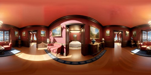 Luxurious sofa, velvet, rich mahogany frame, ultra-high-res detail, centerpiece in VR360. Antique knick-knacks on nearby table, subtle. Expansive, surreal, oil-painting style sky outside, vibrant hues, cloud swirls. Striking, masterpiece VR360 panorama, reminiscent of a classic art gallery.