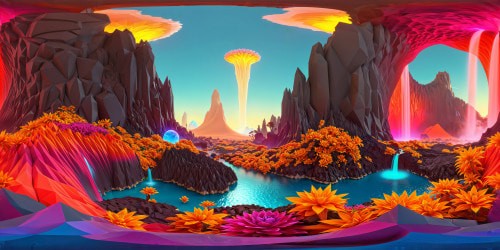 A breathtaking ultra high-resolution view of an otherworldly alien landscape, featuring cascading waterfalls, iridescent flora, towering crystal formations, and a mesmerizing lava flow under a vibrant sky of swirling colors, an unprecedented sci-fi utopia in unprecedented pixel perfection.