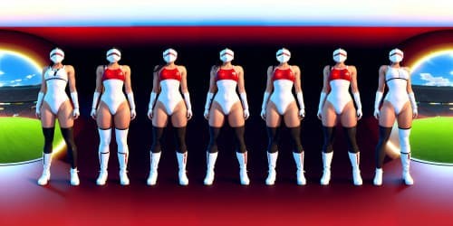 four african american women_wearing white and red leotards and thigh high boots_one woman has purple dreadlocks_