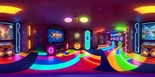 High-resolution VR360 view, movie-themed basement, vintage poster-filled walls, brilliant arcade machines. Neon glow illuminating the scene, reflective polished floor, Pixar-style rendering. Expanse of grand cinematic memorabilia, 90% photorealism, 10% stylization, captivating VR360 masterpiece.