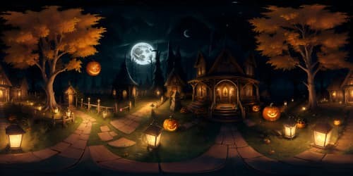 dark forest with halloween graveyard, autumn leaves, pumpkins cornfield scarecrow at night with stars and lanterns skyview