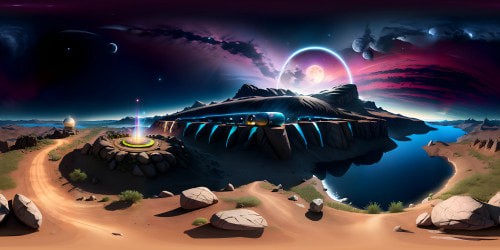 VR360 masterpiece, ultra high-res moon vacation cabin, bright, vibrant colors. Moon's crater-filled landscape, luminescent moonstone cabin, solar flare lighting effects. VR360 comic-style detailing, bold outlines, flat colors, contrast, pop art influence.