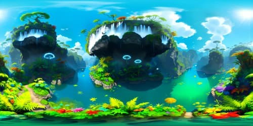 VR360 scene: Verdant jungle expanse, top-tier quality, sprawling foliage, vivid greens, layered canopies. Dense undergrowth, gnarled roots, giant ferns. Mossy boulders, waterfall in the distant. Style: ultra-high res masterpiece, vibrant textures. Exceptional VR360 jungle masterpiece scene, pixel-perfect.