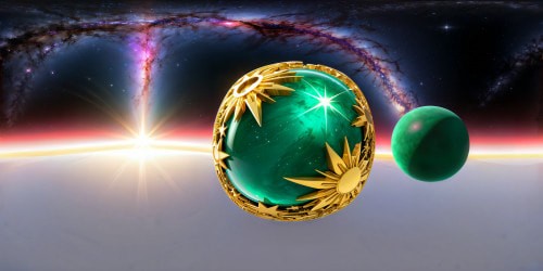 inside a very large emerald bubble above the universe. a bright gold star in front. 