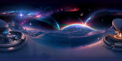VR360 scene, ultra high res masterpiece, stunning interstellar expanse, multicolored space nebulae, radiant celestial bodies, sparkling star clusters. Style: hyperrealism, meticulous detailing, fine art quality. Perfect for VR360 exploration, celestial majesty.