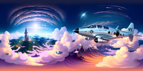 VR360 high-altitude view, detailed fuselage foreground, sweeping vista beyond. Realistic digital-paint style, ultra high-res textures. Fluffy clouds, cerulean sky backdrop. VR360 panoramic twilight skyline, aircraft wing silhouette.