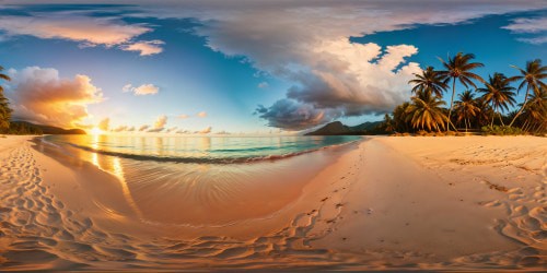 A flawless, breathtaking tropical beach at golden hour, where crystal clear waters lap against the pristine sugar-white sand, with vibrant palm trees casting long, elegant shadows under a vivid, pastel-colored sky.