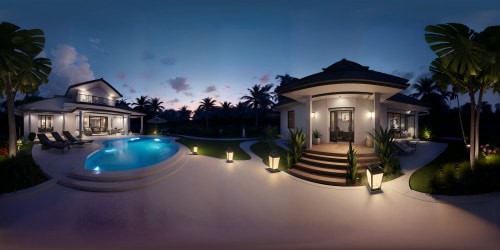 Tropical villa romantic nighttime lights water dinner