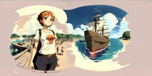 One piece character Nami in short hair and T-shirt. dark brown eyes.orange hair.  standing on a big ship. SMIING. whole body view