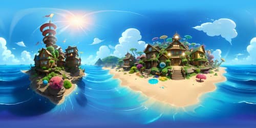 VR360 undersea Bikini Bottom panorama, exaggerated colors, quirky pineapple house. Focus: floating jellyfish, whimsical seaweed. Style: SpongeBob SquarePants, comic-like, bright. VR360 contrasting underwater-sky views, sharp detail, ultra-high resolution, cartoonish opulence.