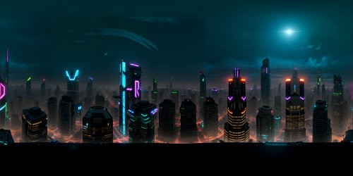 Cyberpunk city VR360, towering neon billboards, holographic advertisements. Masterpiece-quality, ultra-high resolution, reflective skyscrapers. VR360 view, future-like skyline, glimmering lights, pixel-art style.