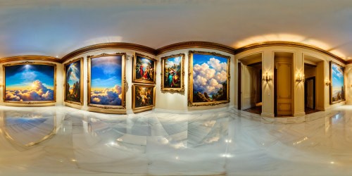 Immersive art gallery filled with exquisite paintings and sculptures, bathed in warm gallery lighting, reflecting off ornate frames and polished marble floors, creating a flawless, immersive experience.