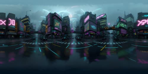 Pixar-style cute cyber city, ultra high res VR360, pastel color palette, VR360 masterpiece, glowing neons, holographic billboards, futuristic skylines.