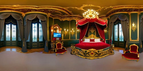 Rococo-inspired VR360 brothel interior, ultra-high-res, masterpiece quality. Lush velvet furnishings, decadent gold accents. Intricate patterns, vivid texture detailing, red lantern-lit cast shadows. VR360 view of opulent decadence, lavish richness. Exquisite color palette, full of sumptuous tones.