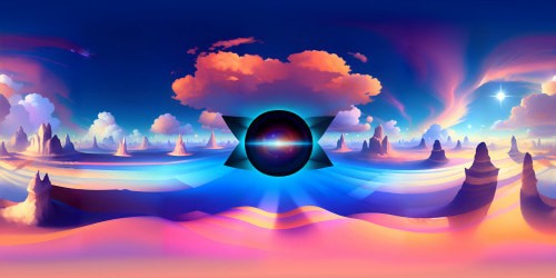 Masterpiece-quality VR360 view, ultra high-resolution. Cloud gallery, paintings drifting, ethereal. Select artwork illusions in cumulus, cirrus textures. Artistic style, dreamlike surrealism meets digital painting. VR360 backdrop, celestial hues, sunset gradient.