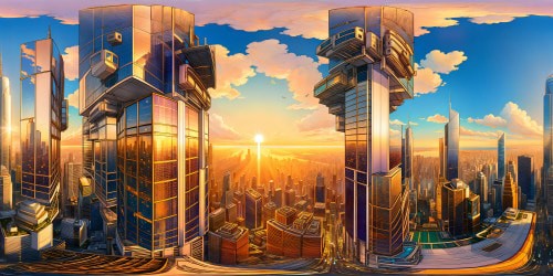 Breathtaking futuristic cityscape at golden hour, towering skyscrapers bathed in warm sunlight, gleaming glass facades reflecting the city below, bustling streets and flying vehicles, detailed and dynamic, a visual feast in ultra high resolution.