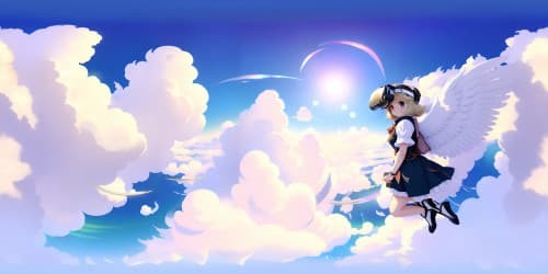Ultra high-resolution VR360 masterpiece, fluffy bunny angel, pearlescent halo, ethereal wings shimmering in soft light, clouds bathed in pastel hues, dreamlike fantasy art