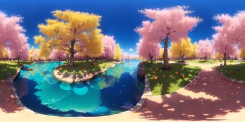 A blue apple tree planted in the pink lake, with many yellow apples on it.