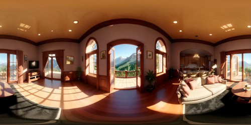 Mansion great room, opulent grandeur, large expanse, exquisite windows, unobstructed VR360 view. Outside, majestic mountain terrain, rolling slopes, towering peaks, crisp alpine vistas. Ultra high-resolution, detailed textures, light reflections. Style: hyper-realistic digital painting. Finesse in architectural detailing, VR360 precision in landscape rendering.