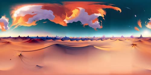 Ultra HD quality, aesthetic masterpiece, elevated vista of mountain landscape with a windmill, sunset's fiery hues, dynamic play of light and shadow, VR360 panoramic view, VR360 art rendered in digital painting style