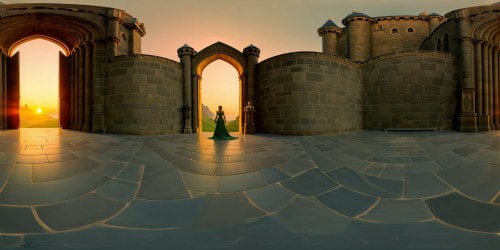 Stepping into the grandeur of Hyrule Castle, Princess Zelda and Link stand before its majestic gates, the sun setting, casting a golden glow on the flawless stone walls, intricate details of the ancient architecture, and sprawling grounds, creating a breathtakingly beautiful, ultra high-resolution masterpiece.