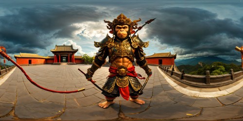 A stunning high-resolution rendering of a fierce Blackmyth Wukong Monkey King, clad in ornate armor and wielding a mystical staff, set against a backdrop of a dramatic, atmospheric sky above an ancient Chinese temple, exuding a dark and epic ambiance inspired by The Witcher's AAA quality.