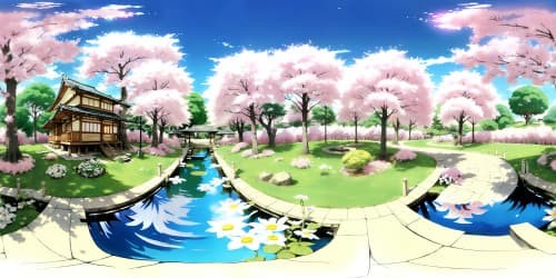Towering sakura trees, delicate petals fluttering, moonlight filtering through clouds, shimmering koi pond, Anime-styled, ultra-high-res VR360 scene, elegant, refined details, vibrant hues, masterpiece aesthetics.