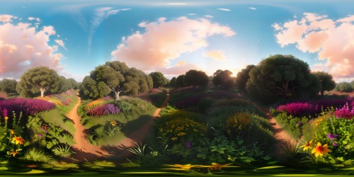 VR360: golden sunset, spectrum of reds, pinks, oranges, purple twilight. High-definition fields, wildflowers swaying, hazy horizon. VR360: Pixar-style lush greenery, crisp air, sense of serenity. Attention to detail, soft radiant glow, a masterpiece of digital artistry.