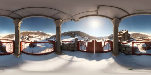 Ultra-high-resolution, Turkish VR360 panorama, Kayseri cityscape, stone-toned ancient edifices, rustic earthen-hued cottages. Striking contrast, snow-capped Erciyes Mount backdrop. Style: premium quality, strikingly sharp, masterful, undistorted VR360 city vista.