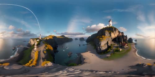 Ultra HD, VR360 artistry, midnight seascape masterpiece. Isolated lighthouse silhouette in VR360 panorama. Night ocean fantasy atmosphere, pinnacle of detail refinement.