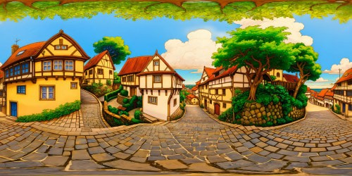 A meticulously detailed medieval village under a flawless, golden sun, with quaint houses, vibrant foliage, and winding cobblestone streets, evoking a sense of serenity and old-world charm.