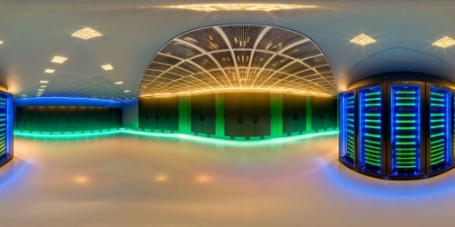 Within the vast Ciscodata center, rows of sleek, high-tech servers hum under a soft, cool glow of blue and green lights, their metallic surfaces reflecting intricate circuit patterns in ultra-high resolution detail.