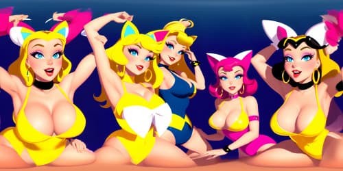 best quality, masterpiece, ultra high res,five 30 year old princesses_wearing pink leotards_wearing gold hoop earrings_wearing red lip gloss_one has blue eyes_two of them are blonde_they are squatting_spread_arms above their heads_close up of armpit_ cat ears