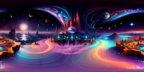 Ultra-high resolution VR360, galaxies in iridescent hues, nebulous swirls, stellar nurseries, supernovae remnants. Pixellation absent, masterpiece level detail, VR360 cosmic ballet in Picasso's abstract style.