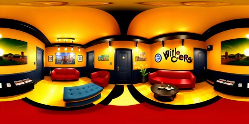 VR360 salon from F.R.I.E.N.D.S series, vintage style, classic 90's decor. Central Perk café in peripheral vision, iconic orange couch, coffee table. High definition, hyperrealism style art, detailed textures. Unique VR360 immersion, sitcom nostalgia reimagined.