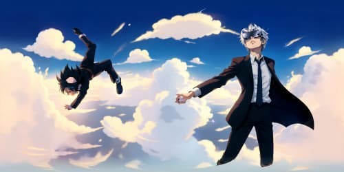 a skinny tall man with silver hair and in all black suit flying in the sunset sky
