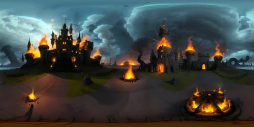 Realistic, ultra high-res, Masterpiece-quality: Grey Skull castle, hellish environment, juxtaposed with dragon breathing fire skyward, crackling lightning traversing VR360 climate. VR360 viewpoint amidst apocalyptic vista, scene bathed in fiery glow.