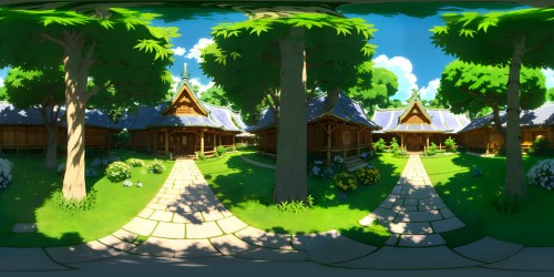 VR360 view: dense bamboo forest, massive camphor tree, Totoro-inspired elements. Dandelion fluffs in the air, leafy overgrowth, lush green landscape. Style: Hayao Miyazaki anime, dreamlike realism, vivid colors, ultra high-res VR360 masterpiece.