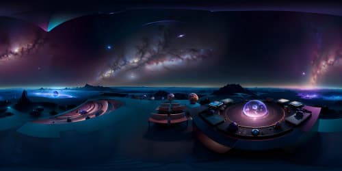 Galactic panorama in ultra high-res, intricate cosmic nebulae, diamond studded starfields. VR360 view dotted with glistening celestial bodies, masterpiece style, detailed astrological formations. Quality VR360 space spectacle, otherworldly visual impact.